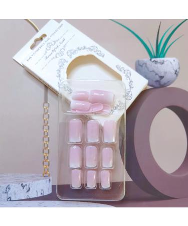 24PCS Square Pink White Gradient Press On False Nails - Glossy White French Acrylic Designs for Women and Girls - Buy Online on GoSupps.com