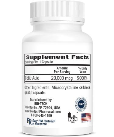 Bio-Tech Pharmacal Folic Acid 20mg - 100 Count (Pack of 1) | High-Quality Supplement - Buy Online on GoSupps.com