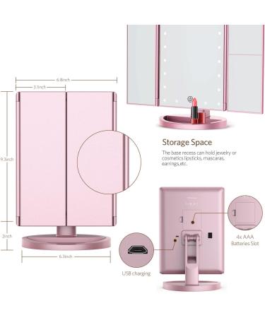 Homever Vanity Mirror with Lights - 21 Led Trifold Makeup Mirror - Touch Screen, 3X/2X/1X Magnification - 180 Rotation, Dual Power Supply - Lighted Makeup Mirror, Pink - Buy Online on GoSupps.com