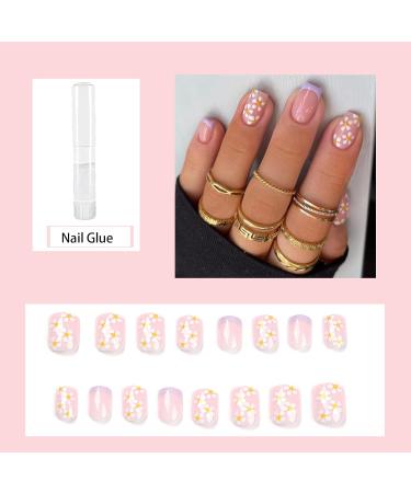 Short French False Nails - 24 PCS Lilac Daisy Design Stick on Nails - Acrylic Full Cover Tips with Glue - Purple Women's Nails Art - Buy Online on GoSupps.com