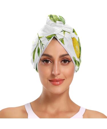 Watercolor Yellow Lemons Hair Towel 2 Pack Super Absorbent Hair Drying Towel Quick Dry Hair Turbans Head Towel with Button Twisty Wrap for Women Girls