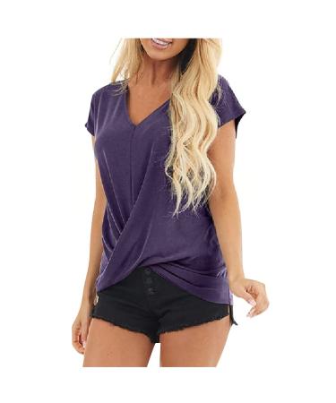 Blouses for Women Business Casual, Ladies Solid Color Tops Short Sleeve Tshirts Summer 2023 Dressy T Shirts Purple Large