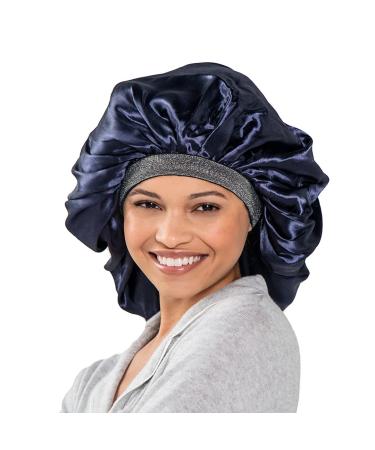 ADAMA Luxy Satin Bonnet  Double Sided for Nighttime Hair Protection  Comfortable Elastic Headband  Shiny Metallic Finish  Extra Large Size for Large Volumes of Hair  Machine Washable  Navy and Silver
