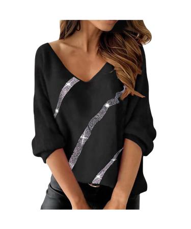 RoutinFly women Long-sleeved tops print V-neck work casual tops tunic shirts blouse sweater tunic tops shirt for spring summer l silver