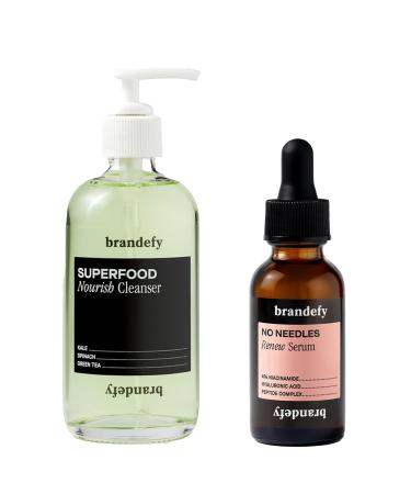 Brandefy Superfood Face Wash & No Needles Niacinamide Serum Duo - Cleanser w/Kale Green Tea Spinach Vitamin C E K2 and Serum w/Hyaluronic Acid - Soft Smooth Firm & Dewy Skin