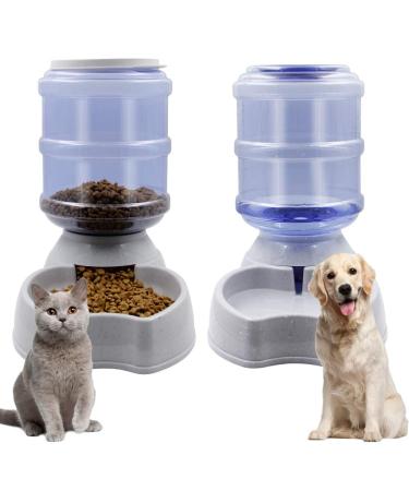 Zcaukya Automatic Cat Feeder and Water Dispenser Set, 1 Gal x 2 Gravity Dog Water Fountain Pet Food Feeder grey