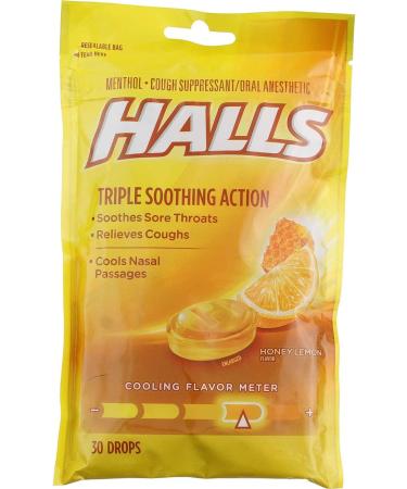 Halls Triple Soothing Action Cough Drops - Honey Lemon - 30 Count - Buy Online on GoSupps.com