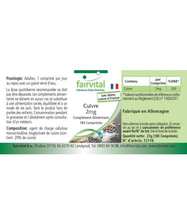 Fairvital | Cuivre 2 mg - 180 comprim s - Bisglycinate de cuivre - qualit contr l e et hautement dos - 100% v g talien - Fabriqu en Allemagne - Buy Online on GoSupps.com
