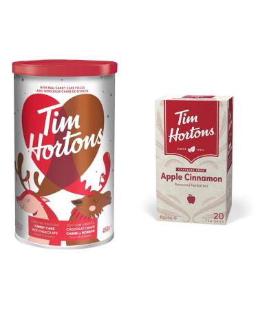 Tim Hortons Candy Cane Hot Chocolate Beverage Mix Limited Time Offer 450g Can & Apple Cinnamon Tea Bags Herbal Tea Decaffeinated 20 Count Flavored Drink Concentrate+Apple Cinnamon Tea