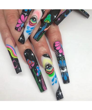 Long Press on Nails Coffin Fake Nails Graffiti Flower Full Cover Glue on Nails Eye Stars Moon Acrylic Nails with Rainbow Designs Coffin Nails Nail Art Decorations for Women Girls Style 1