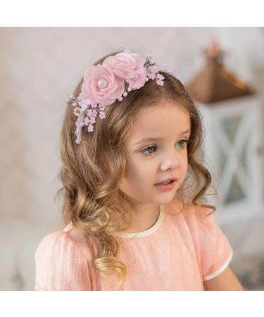 IYOU Flower Girl Headpiece Pink Floral Headbands Pearl Princess Birthday Wedding Hair Accessories for Girls - Buy Online on GoSupps.com