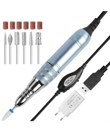 Electric Nail Drill Kit USB Manicure Pen Sander Polisher with 6 Pieces Changeable Drills and Sand Bands for Exfoliating Polishing Nail Removing Nail Buffer Manicure Blue