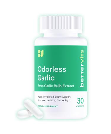 Bettervits Odorless Garlic Supplements 1000mg | High Strength Garlic Extract with Allicin | Vegan Garlic Supplement for Heart Circulation and Immune Support 30 Capsules