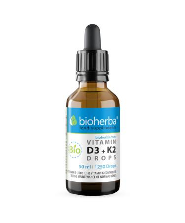 Vitamine D3 + K2 en gouttes Formule haute teneur avec MK-7 et huile MCT | 50 ml (1250 gouttes) | Vegan & sans additifs par Bioherba (1)