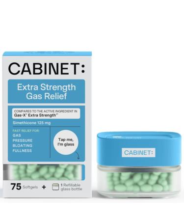 Cabinet: Maximum Gas Relief for Adults w/Active Ingredient Simethicone 125g Compares to Gas-X Extra Strength Relief for Bloating Burping & Cramps 75 Softgels (Refillable Glass Bottle)