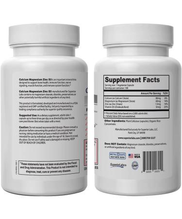 Superior Labs Calcium Magnesium Zinc D3 180 Capsules - Healthy Bones, Teeth, Muscle Function - Immune Support - Buy Online on GoSupps.com