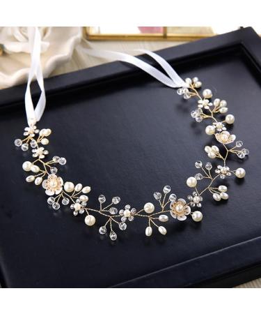 Lurrose Pearl Rhinestone Hair Hoops Princess Wedding Ribbon Headpiece Crystal Headwear Pearl Hair Decorations for Bride - Buy Online on GoSupps.com