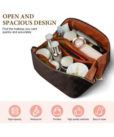 Aucuu Large Capacity Travel Cosmetic Bag | PU Leather | Waterproof | Portable Makeup Organizer - Checkered Dark Brown - Buy Online on GoSupps.com