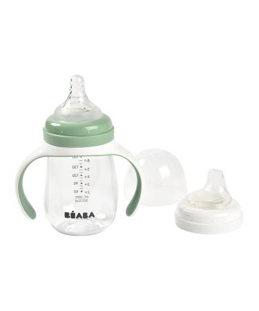 BEABA 2-in-1 Baby Bottle to Training Sippy Cup  Learning Cup  Baby Bottle Nipple and Soft Silicone Sippy Spout  Spill Proof  Baby  Toddler 7 oz (Sage)