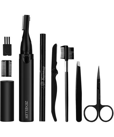 Eyebrow Trimmer Kit, Eyebrow Grooming Set,Eyebrow Grooming Scissors, Electric Eyebrow Razor, 9 in 1 Eyebrow Scissors, Tweezer, Eyebrow Razor, Shaping Scissors & Brush Black