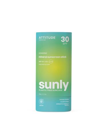 ATTITUDE ATTITUDE Mineral Sunscreen Stick with Zinc Oxide SPF 30 EWG Verified Plastic-Free Broad Spectrum UVA/UVB Protection Dermatologically Tested Vegan Unscented 60 g