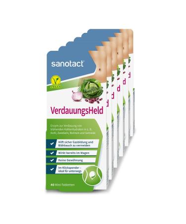 Sanotact digestive hero (6x40 mini tablets) for bloating flatulence bloating fullness & stomach pain digestive tablets in the click dispenser for on the go Support the digestion 40 (6-pack)