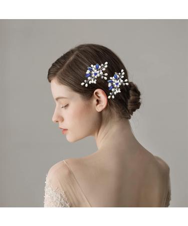 Flower Bridal Hair Pins Pearl Bride Wedding Hair Accessories Rhinestone Hair Piece for Women and Girls(Blue) - Buy Online on GoSupps.com