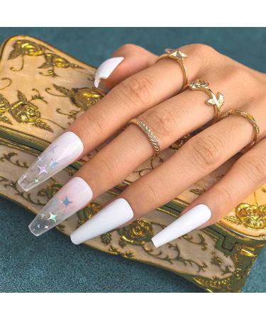 Shop Bohen Long Coffin False Fingernails - White Star Ballerina Glossy Acrylic Press-On Nail Tips (24pcs) for Women & Girls - Buy Online on GoSupps.com