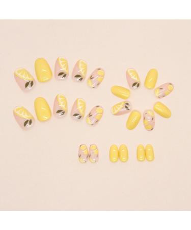 Acrylic Press on Nails - Short Round Lemon Design Fake Nails | 24 Pcs Glossy Yellow Full Cover Stick-ons for Women - Buy Online on GoSupps.com