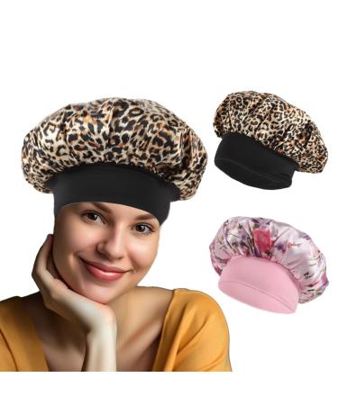 Bonnet Silk Bonnet for Sleeping Women Curly Satin Hair Bonnet 2PCS with Elastic Wide Band (Leopard & Pink Floral)