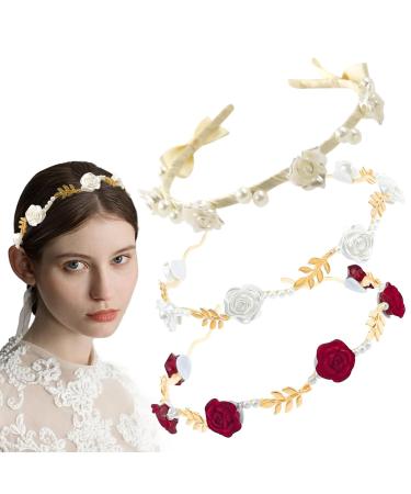 Rose Pearl Headband 3 Women's Headband with Rose Beads Red White Dirndl Hair Accessories Metal Rose Hair Accessories Rose Hair Band Oktoberfest Wedding Hair Accessories for Parties Festivals