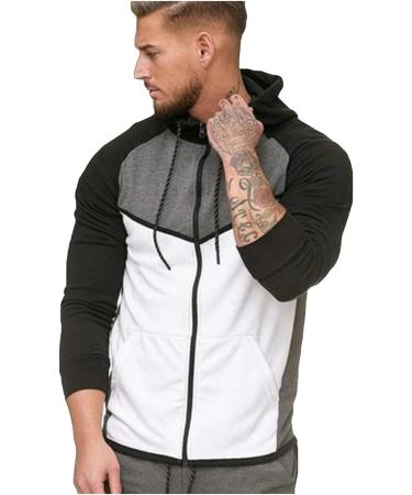 ZDFER Men's Zip Up Hoodie Sweatshirt Coat - Winter Casual Patchwork Jacket Top - White, Large - Buy Online on GoSupps.com