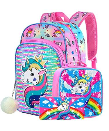 3PCS Kids Backpacks for Girls 16" Little Kid Preschool School Bookbag and Lunch Box - Unicorn/Mermaid/Flamingo 16" Unicorn Backpack With Lunch Bag Set