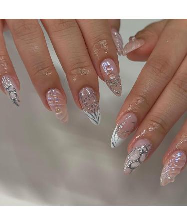 24 Pcs Medium Almond Press-On Nails - Nude & Glitter Full Cover Fake Nails | Glossy 5D Acrylic French Nails for Women & Girls - Buy Online on GoSupps.com
