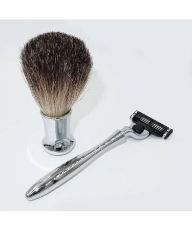 Kjyr Portable Men's Razor Brush Set - Pure Natural Roof Hair Silver-Chrome Handle 3-Layer Blade - Robust 10x16.5cm - Buy Online on GoSupps.com