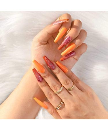 Sethain Glossy Glitter False Nails Green Fake Nail Rhinestone Long Full Cover Coffin Press on Nails for Women and Girls (Orange) - Buy Online on GoSupps.com