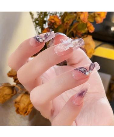 Black Purple Gradient Butterfly False Nails Sticker False Nails Acrylic Fake Nails Full Cover Nails Tips Artificial Finger Manicure for Women and Girls - Buy Online on GoSupps.com