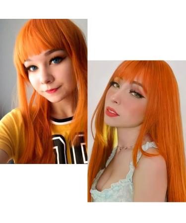 Orange Long Straight Wigs for Women | 28 Inch Synthetic Hair Wig with Bangs for Cosplay & Daily Use - Buy Online on GoSupps.com