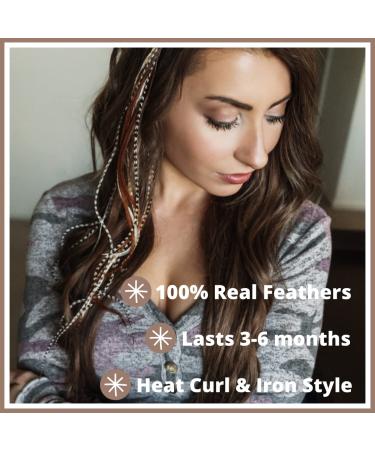 Premium Rooster Feather Hair Extension Kit - Natural Brown & Black/White Grizzly Colors - 20 Individual Extensions - Salon Grade - Includes Beads & Loop Tool - Buy Online on GoSupps.com