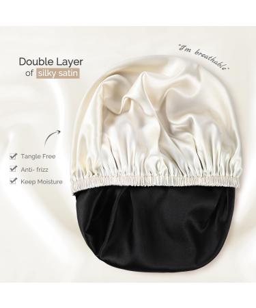 Adjustable Silk Satin Bonnet | Double-Layer Sleeping Hat for Women - Champagne/Black - Buy Online on GoSupps.com