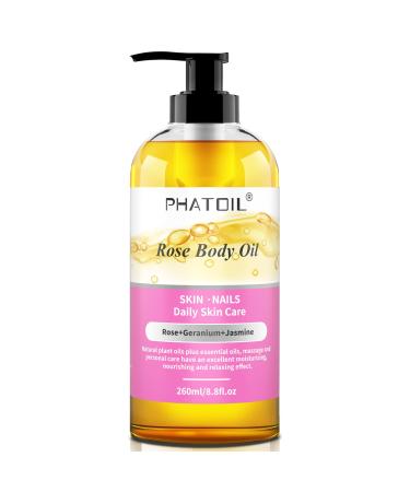 PHATOIL Rose Body Oil with Pump 260 ml (8.8 fl.oz) Premium Quality Massage Oil for All Skin Types Blends of Natural Plant Oils and Essential Oils Rose Oil Scented Body Oils for Women and Men Rose 8.8 Fl Oz (Pack of 1)