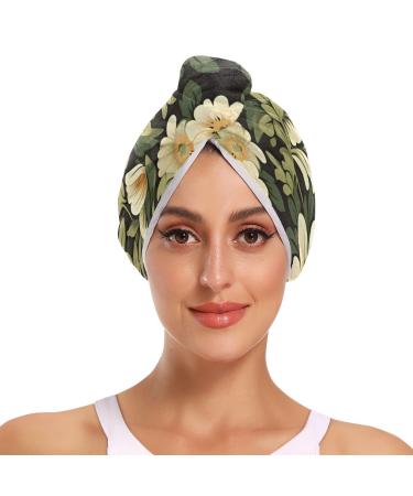 Daisy Hair Towel 2 Pack Super Absorbent Hair Drying Towel Quick Dry Hair Turbans Head Towel with Button Twisty Wrap for Women Girls