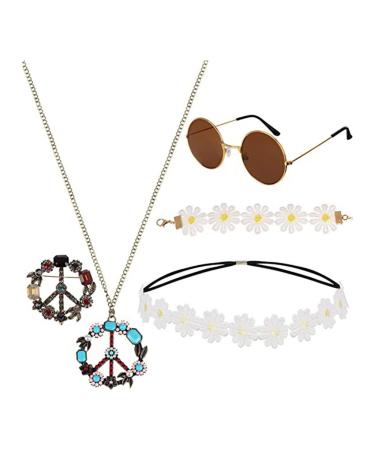 amangul Hippie Costume Set Include Sunglasses Headband Peace Sign Necklace and Earring 60s 70s Style Vintage Costume(Md0906P22)