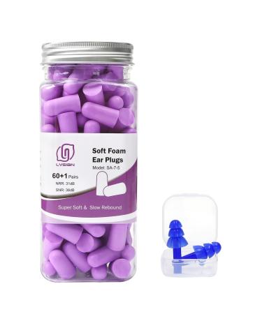 Ultra Soft Foam Earplugs 60 Pairs, 38dB SNR Ear Plugs for Sleeping, Study, Shooting, and All Loud Noise by Lysian, Purple