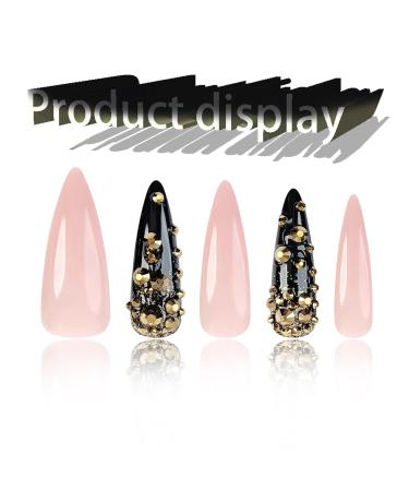 Punk Style Long Stiletto Press on Nails | Glossy Gold Glitter & Rhinestone Design | Luxury Acrylic Fake Nails for Women & Girls - Y2K Punk Manicure - Buy Online on GoSupps.com
