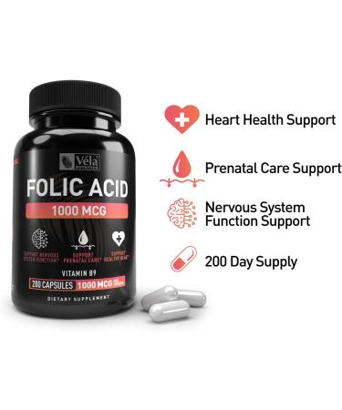 V la Folic Acid Supplement | 1000mcg Per Serving | 200 Capsules | Heart Health & Prenatal Support | Non-GMO | 3rd Party Tested - Buy Online on GoSupps.com