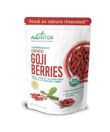 Alovitox Organic Goji Berries 16 oz | Raw, Vegan, Gluten Free Super Snack High in Plant Based Protein, Dietary Fiber, Vitamin A & Iron | Large Berries for Eating, Trail Mixes, Smoothies and Salads Goji Berries 1 Pound (Pac