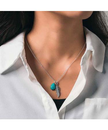 Mosako Boho Turquoise Necklaces Silver Feather Pendant Necklace Chain Short Delicate Dainty Necklaces Jewelry for Women