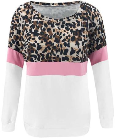 Bigfanshu Women's Sweaters Fashion Coloured Leopard-Print Round-Necked Long-Sleeved Top Blouses White - Buy Online on GoSupps.com