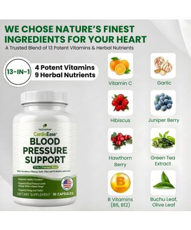 Nutravive 13-in-1 Heart Health Supplement Supports Healthy Circulation & Blood Pressure Levels with Hawthorn Garlic Olive Leaf Hibiscus B12 & More | Made in USA | 90 Capsules - Buy Online on GoSupps.com
